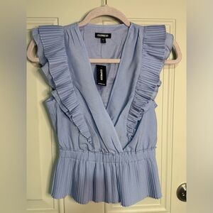 Express Blue Pleated Ruffle Sleeve Peplum‎ Blouse NWT XS